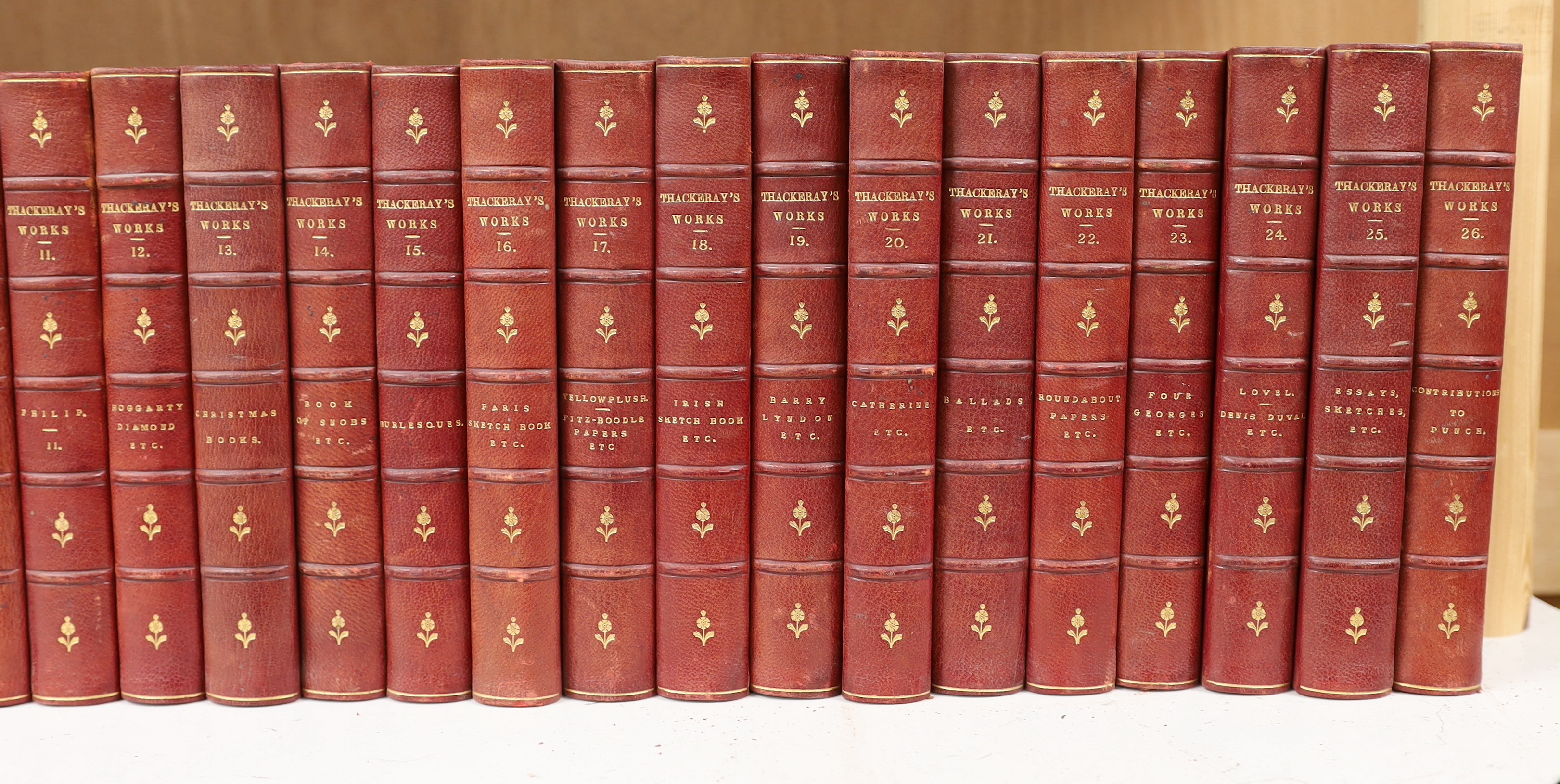 Thackeray, William Makepeace - The Works, 26 vols, 8vo, half red morocco with marbled boards, Smith, Elder & Co., London 1891.